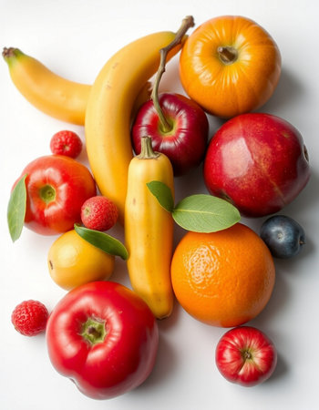 Fruits and vegetables isolated on a white background. Top view.