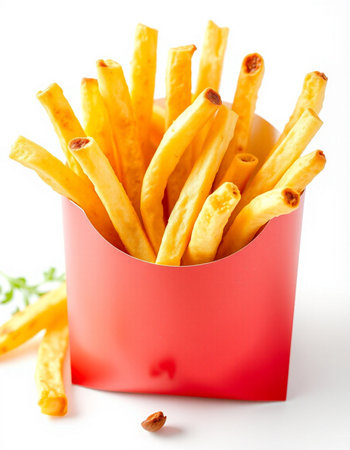 French fries in a red box on a white background, selective focus