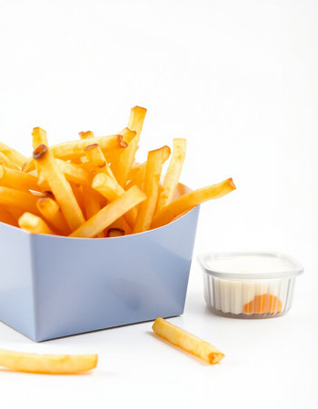 French fries in a blue box with sour cream on a white background