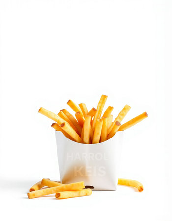 French fries in a paper box on a white background. Selective focus.