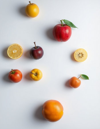 Fruits and vegetables on a white background. Flat lay, top viewの写真素材