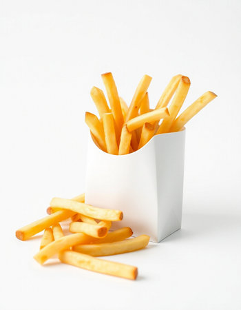 French fries in a white box on a white background. Fast food.