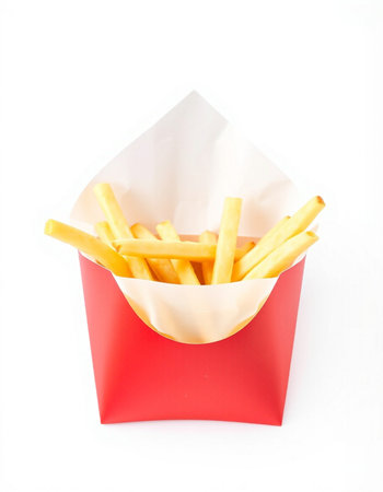 French fries in paper box isolated on white background. Fast food.