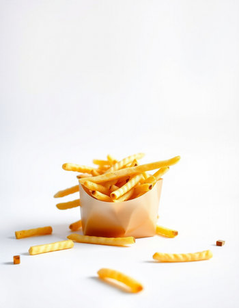 Golden French fries in paper box on white background. Selective focus.の写真素材