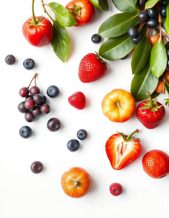 Fruits and berries on a white background. Shallow dof.