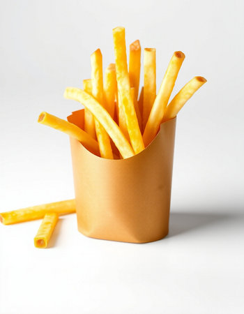 French fries in a paper box on a white background. Fast food.