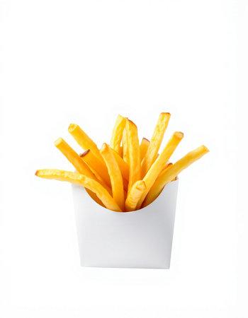 French fries in paper box isolated on white background. Fast food.
