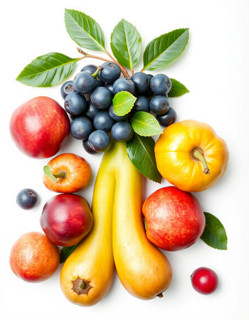 Fruits and vegetables isolated on white background. Healthy food concept.