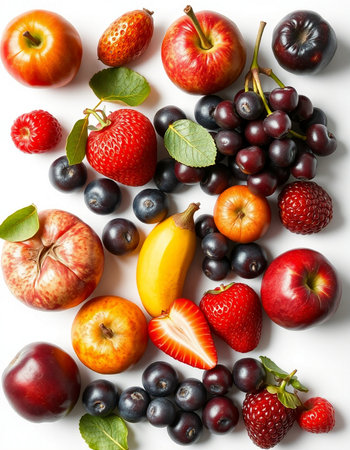 Fruits and berries on a white background. Top view. Flat lay.の写真素材