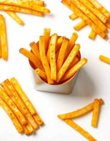 French fries in a bowl on a white background. Selective focus.