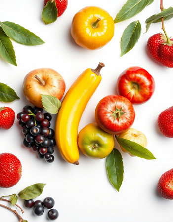 Composition with fresh fruits and berries on white background, top viewの写真素材