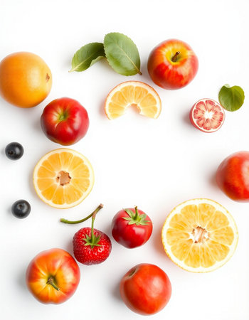 Fruits on white background. Healthy food concept. Flat lay, top viewの写真素材