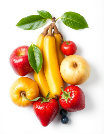 Fresh fruits and vegetables isolated on white background. Healthy food concept.