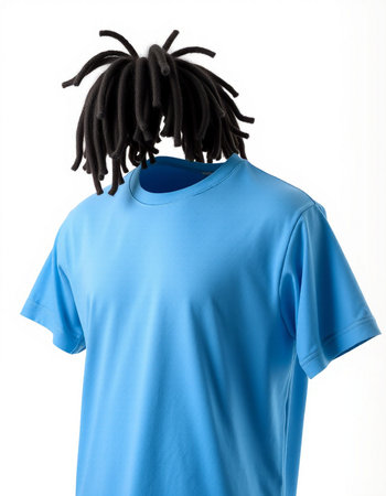 Men's blue t-shirt with dreadlocks on a white backgroundの写真素材