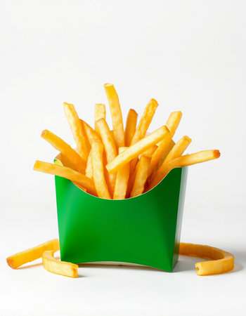 French fries in a green box on a white background. Fast food.の写真素材