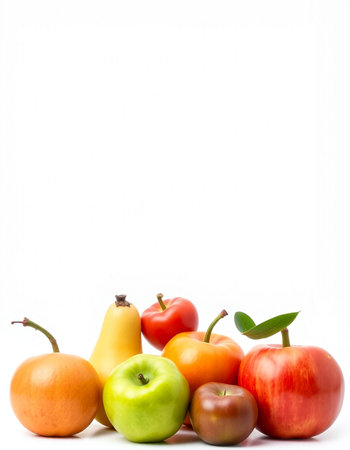 Fruits isolated on white background. Apple, pear, tomato, appleの写真素材