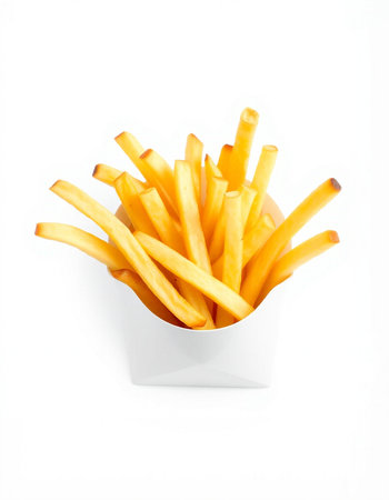 French fries in a white box on a white background. Isolated