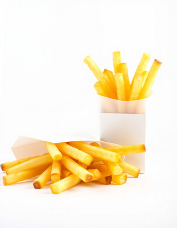 French fries in paper box on white background. Close-up.