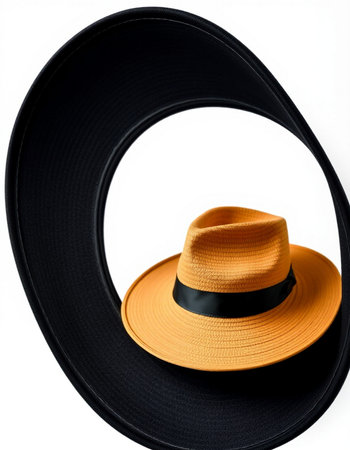 Black hat with orange ribbon isolated on white background. Close up.の写真素材