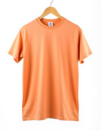 Orange t-shirt on a hanger isolated on a white backgroundの写真素材