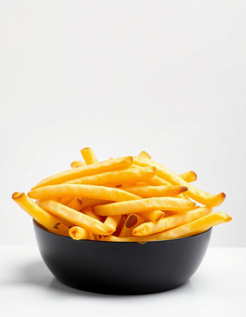 French fries in a black bowl on a white background with copy spaceの写真素材