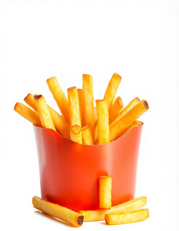 French fries in a red bowl isolated on white background. Selective focus.