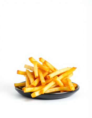 Golden French fries potatoes in black plate isolated on white background, clipping path