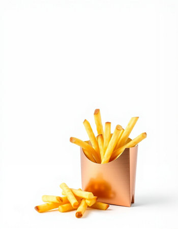 French fries in a paper bag on a white background. Isolated