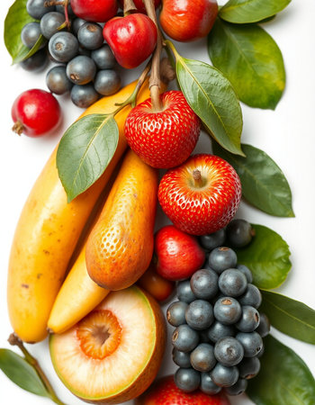 Fresh fruits and berries on a white background. Healthy food concept.の写真素材