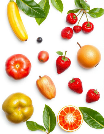 Fruits and vegetables isolated on white background. Flat lay, top view