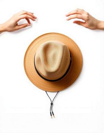 Top view of woman's hands holding straw hat isolated on white backgroundの写真素材