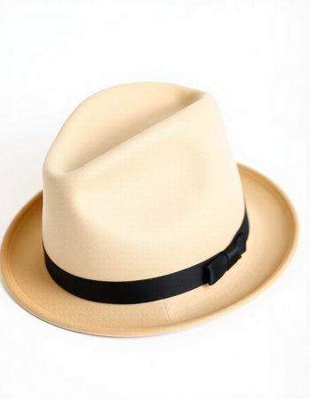 beige hat with black belt isolated on white background. top viewの写真素材