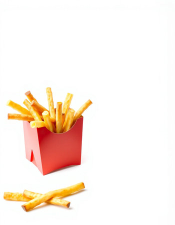 French fries in red box isolated on white background. Fast food concept.