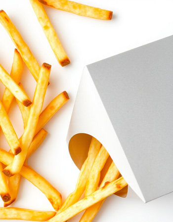 French fries in a paper box on a white background, top viewの写真素材