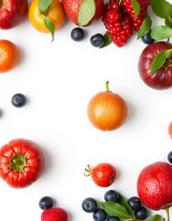 Fruits and berries on white background. Flat lay, top viewの写真素材