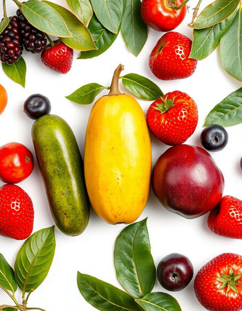 Fruits and vegetables on white background. Flat lay, top view