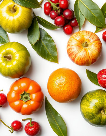 Fruits and vegetables on white background. Flat lay, top viewの写真素材