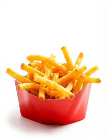Golden French fries in a red box isolated on white background. Selective focus.