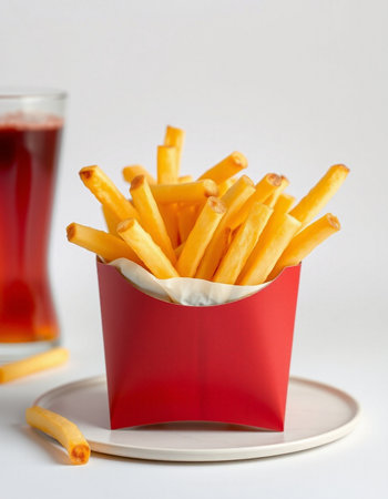 French fries in paper box and glass of cola on white background