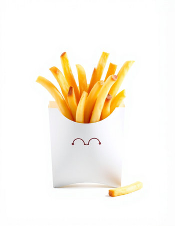 French fries in a paper box on a white background. Fast food concept.
