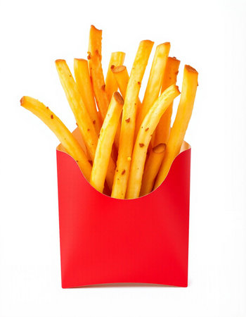 French fries in a red box on a white background, isolated.