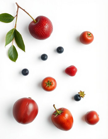 Fresh fruits and berries on white background. Flat lay, top view