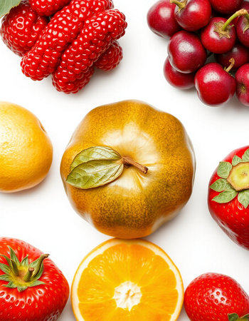 Fruits and berries on a white background. View from above.