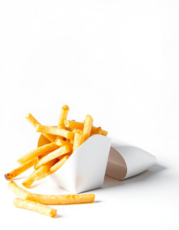 French fries in a paper box on a white background. Fast food.