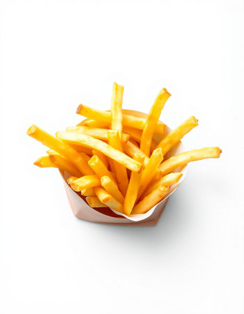 French fries in a bowl isolated on white background. Top view.