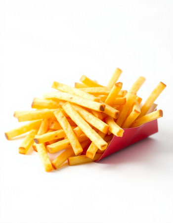 French fries in a red box on a white background. Selective focus.