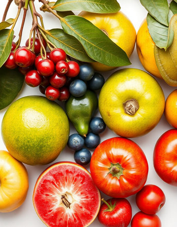 Fresh fruits and vegetables on a white background. Healthy food concept.の写真素材