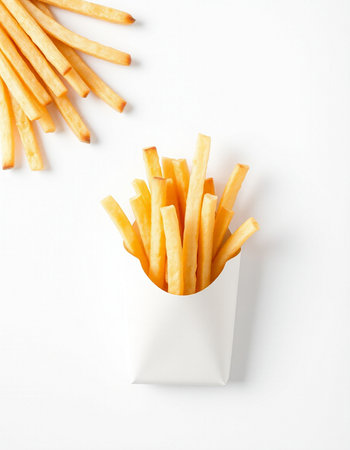 French fries in paper box on white background. Top view, flat lay