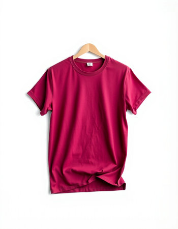 Red t-shirt on a hanger isolated on white background.の写真素材