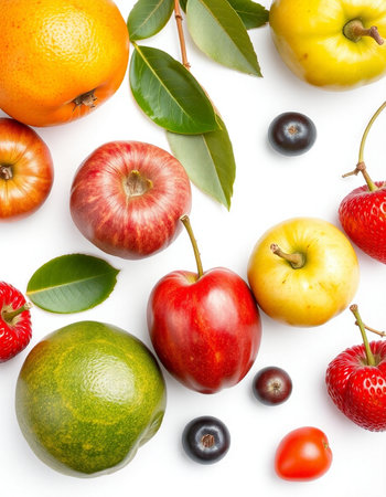 Fruits and berries isolated on white background. Flat lay, top viewの写真素材